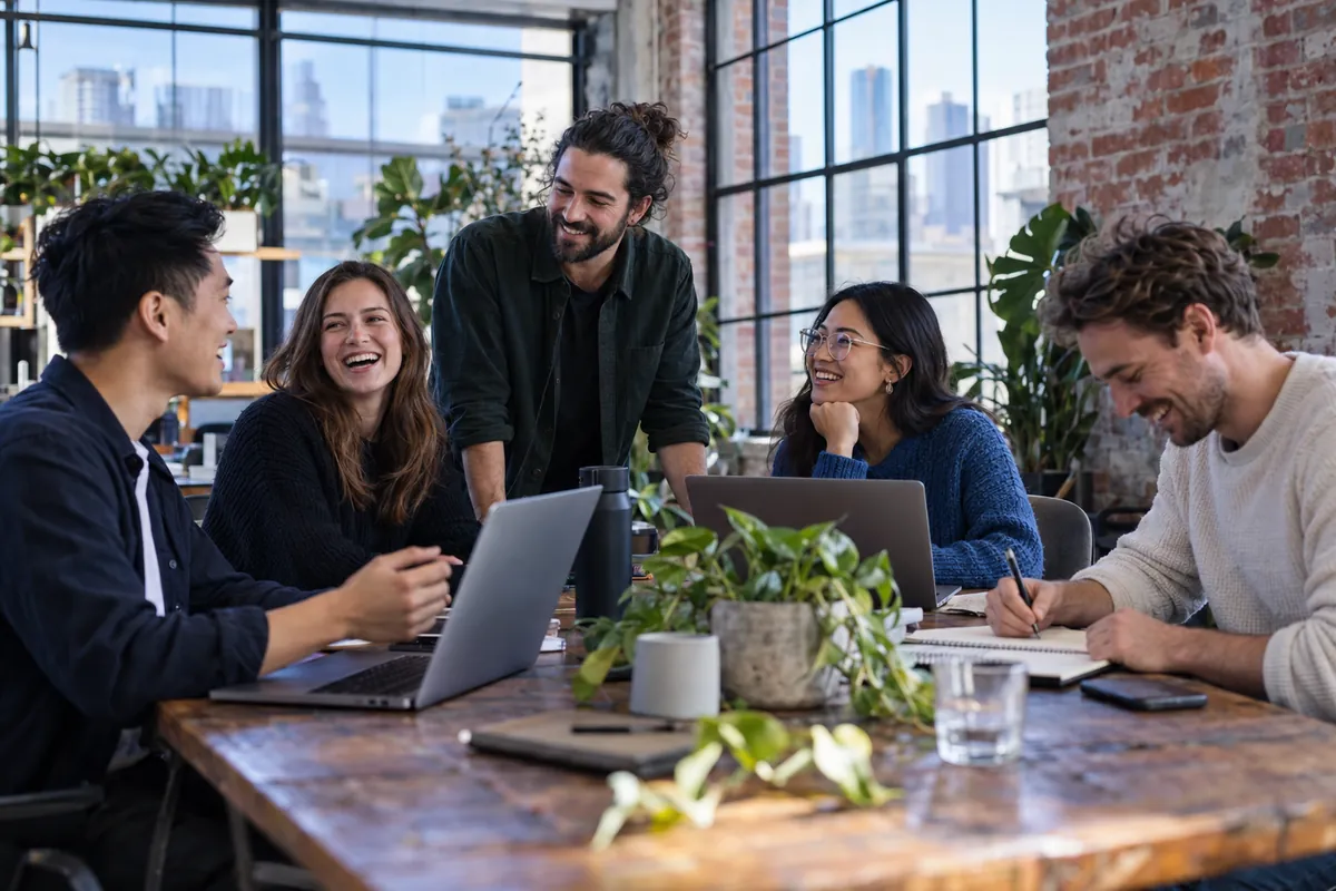 The UrbanByte Labs team collaborating around a table in their Melbourne office