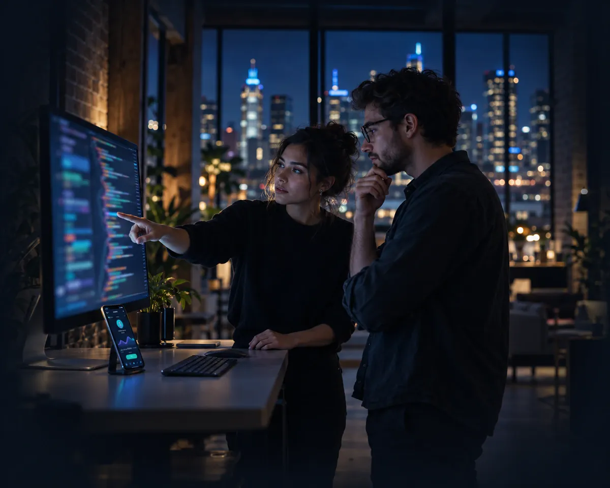 UrbanByte Labs developers collaborating on web and mobile app code in a Melbourne studio