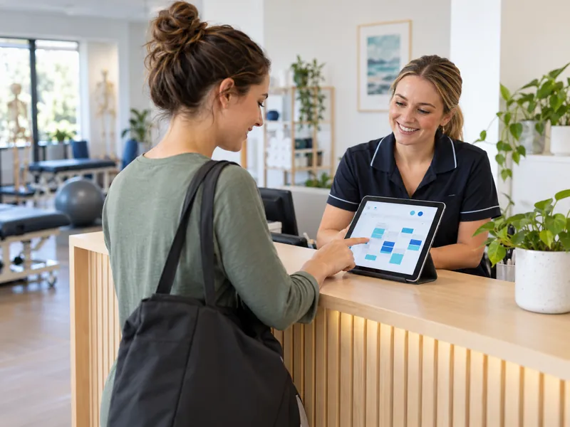 Physiotherapy clinic reception with a tablet showing an online booking system