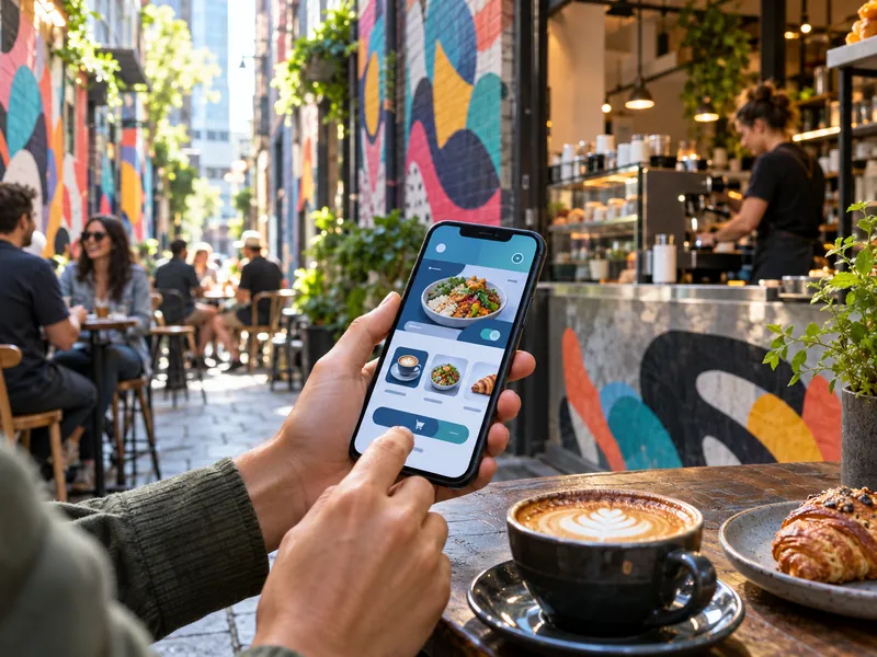 Melbourne laneway café with a customer ordering on their phone
