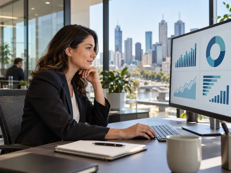 Accountant reviewing an automated client report in a modern Melbourne office