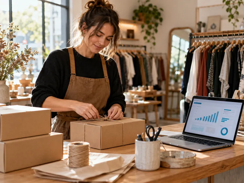 Melbourne boutique owner packing online orders beside a laptop showing an eCommerce dashboard