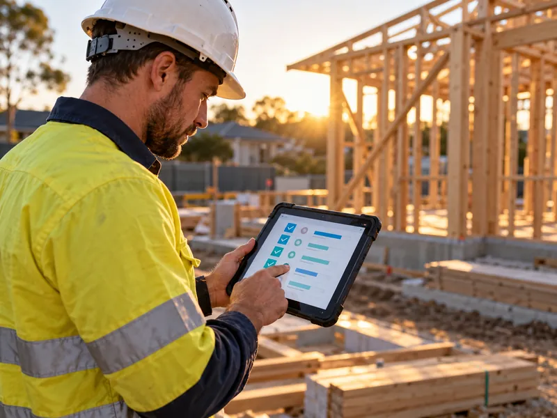 Tradesperson on a building site using a rugged tablet to update a job