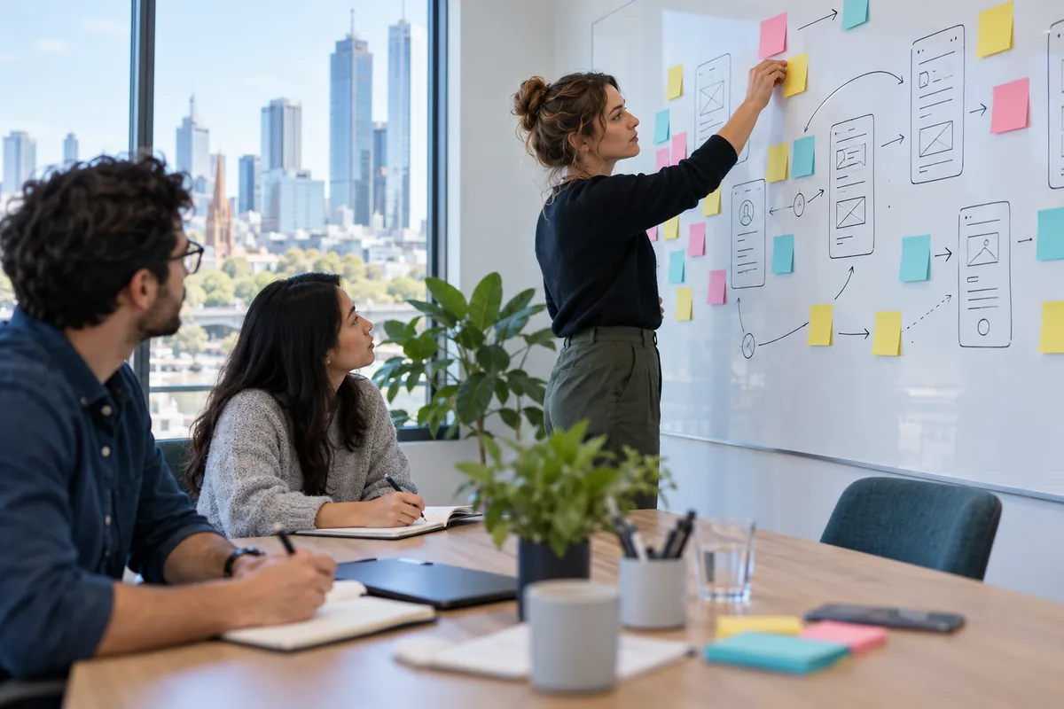 UrbanByte Labs team running a discovery workshop with sticky notes and wireframes on a whiteboard