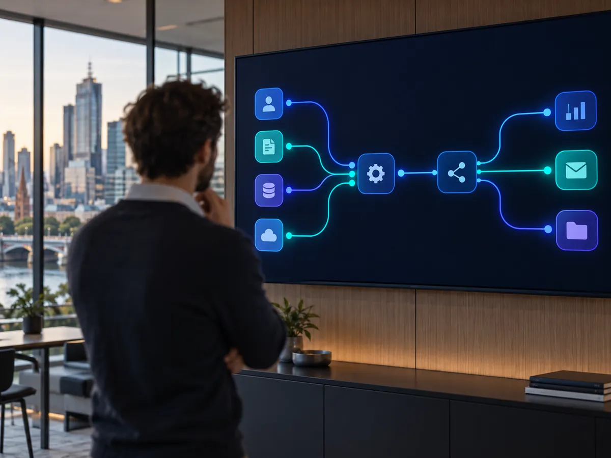Workflow automation diagram connecting business apps on a large screen