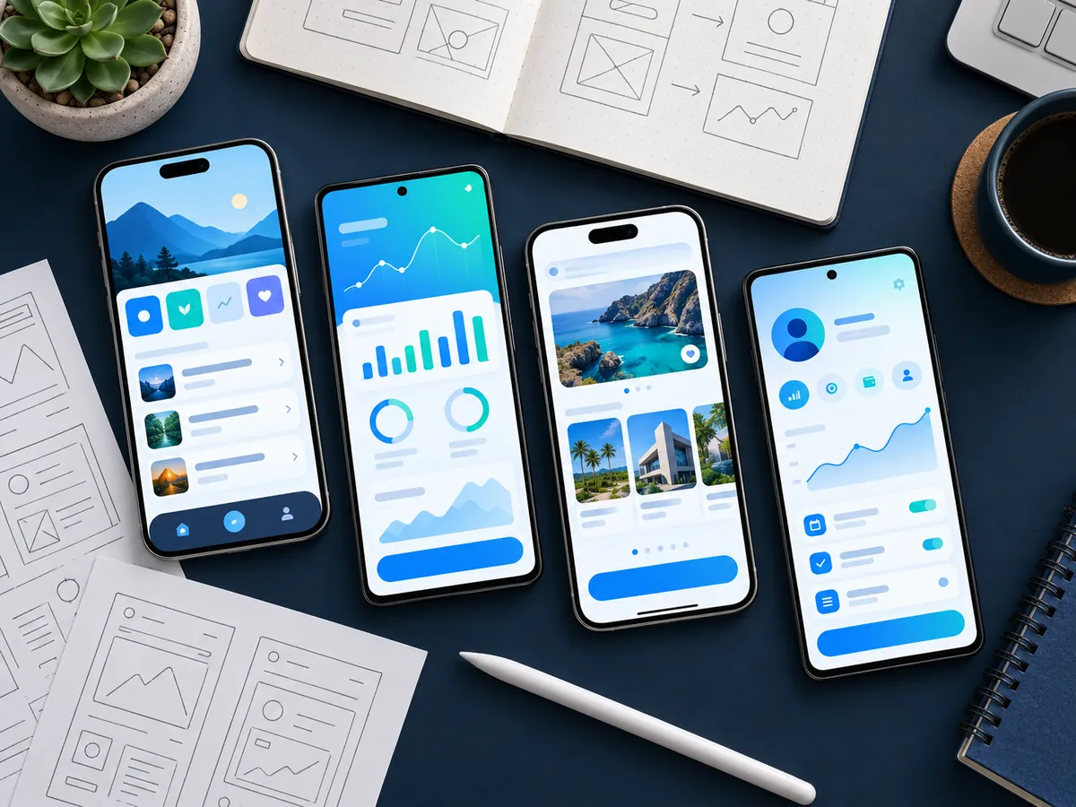 Mobile app interface prototypes displayed on several smartphones on a designer's desk