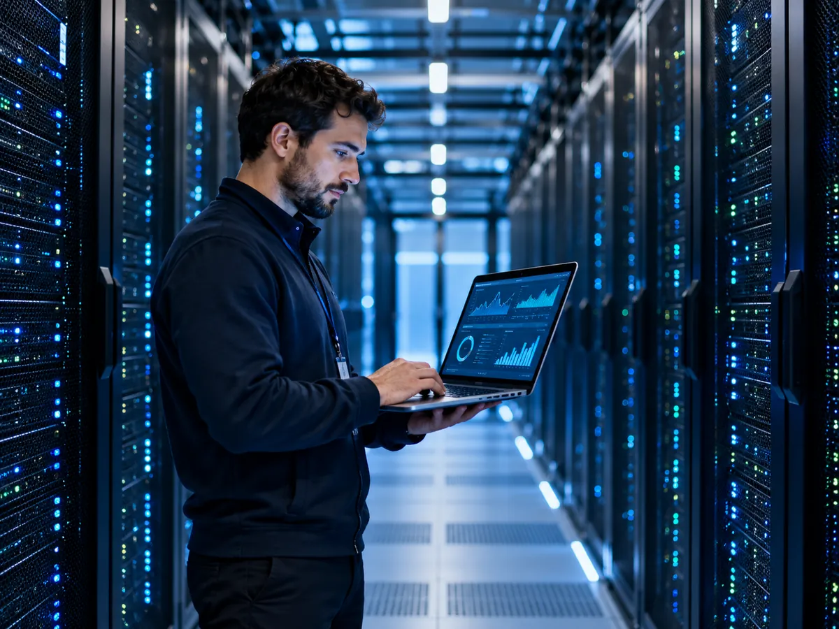 Engineer monitoring server dashboards in a modern data centre